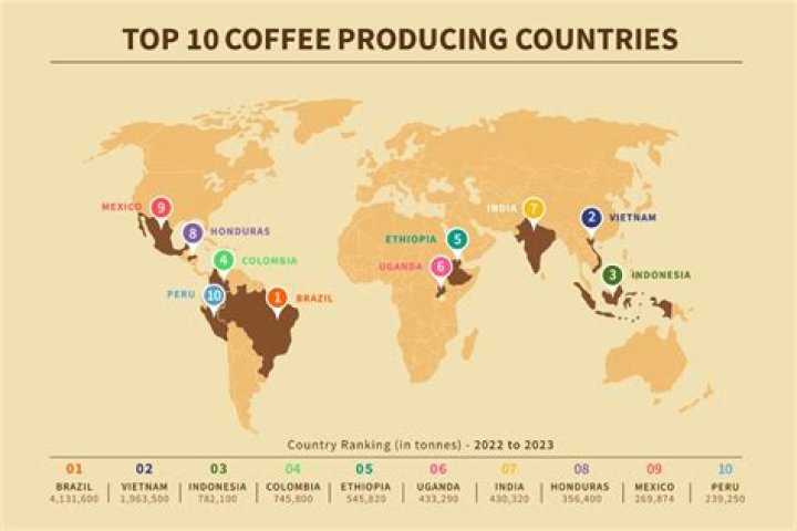 What are top three 3 countries known for producing coffee?